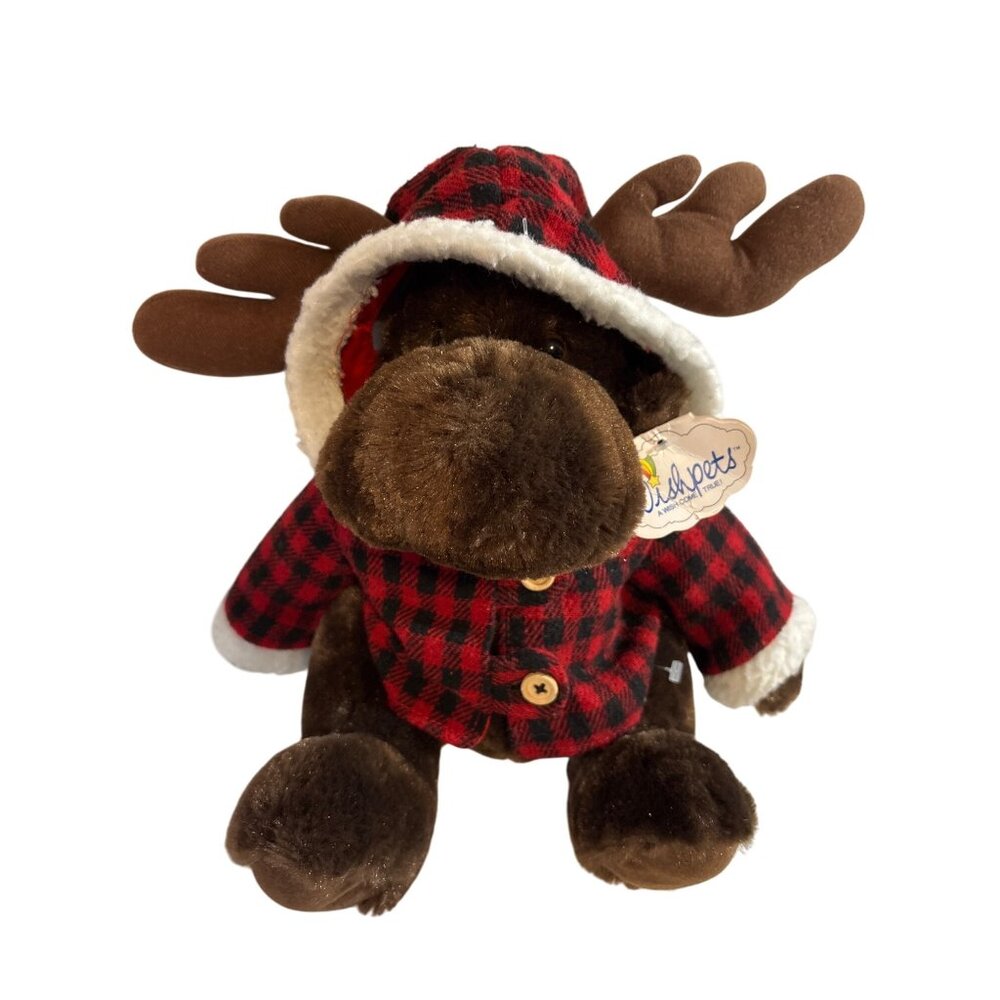 Wishpets Plush Moose 11" In Red & Black Buffalo Plaid Hoodie #83204